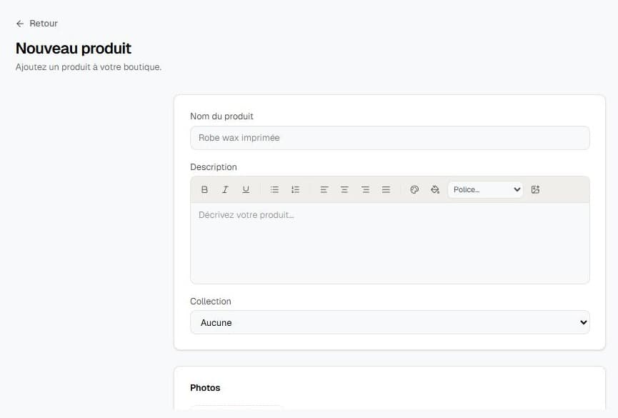 Le formulaire d'ajout de produit du tableau de bord Ordelyx
